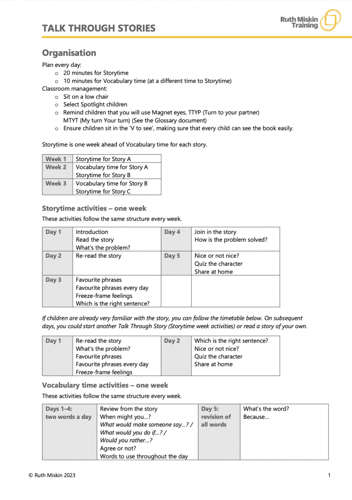A page from a Talk Through Stories lesson plan explaining the organisation of Storytime week.